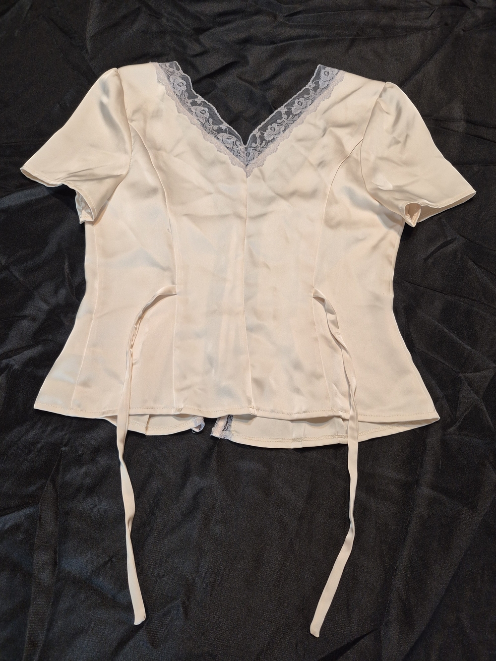 Ivory Satin Lace Trim Button-Front Blouse - Picture 6 of 7